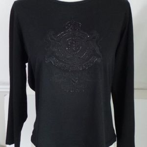 LRL Ralph Lauren Black Beaded CREST Shirt Blouse